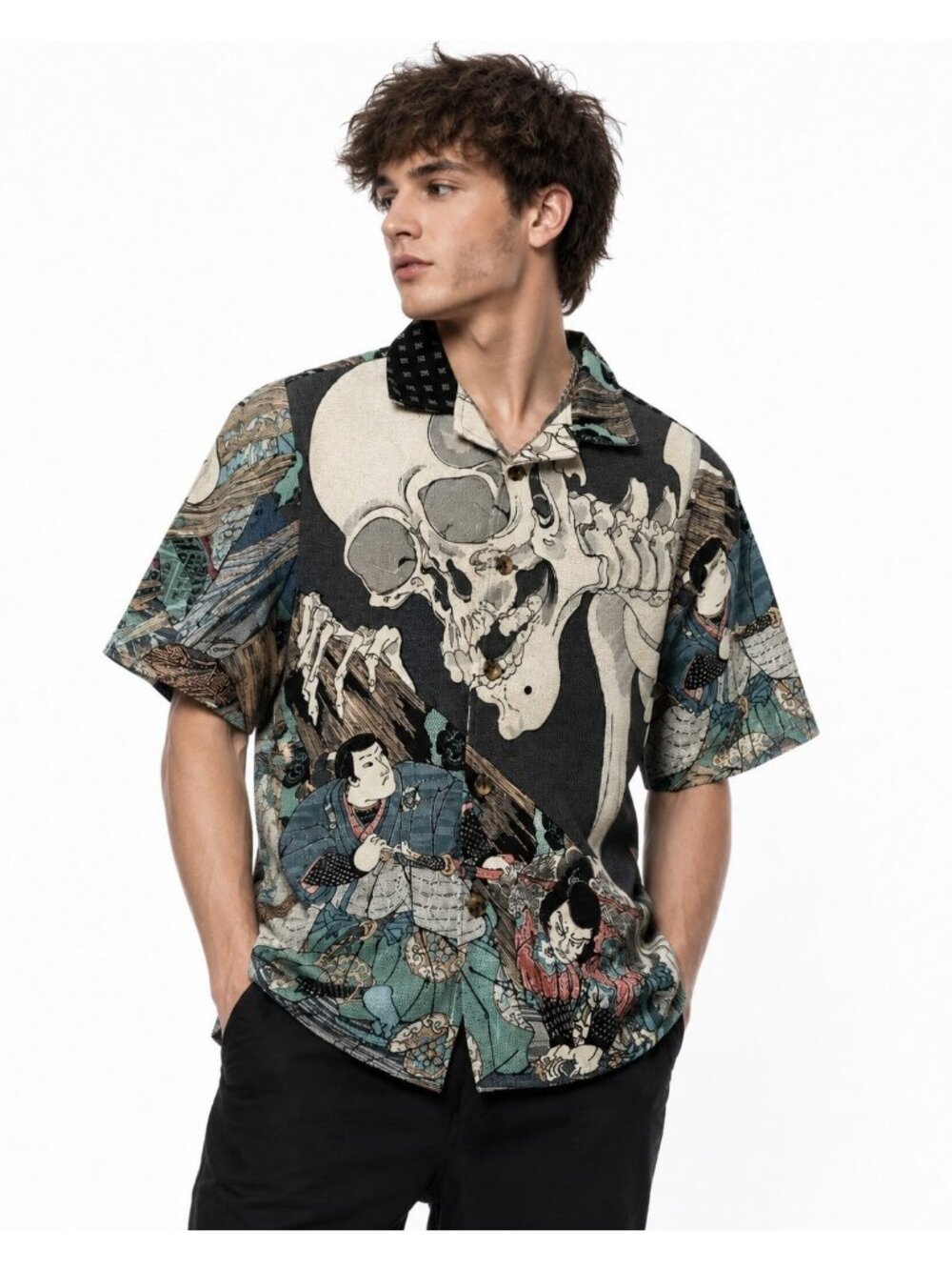 Rebel Vengeance Japanese Samurai Skull Tapestry SS Shirt Jacket NWT Sz L Mens